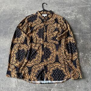 PacSun Paisley Shirt Mens L Black Gold Rayon Button Up Long Sleeve Lightweight